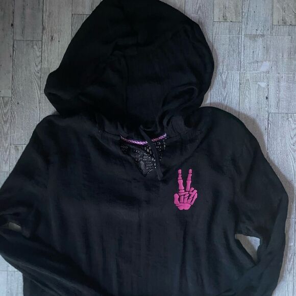 Retro, Peace Sign Skeleton, Upcycled, Hooded, Cover-Up Tunic - Picture 9 of 16